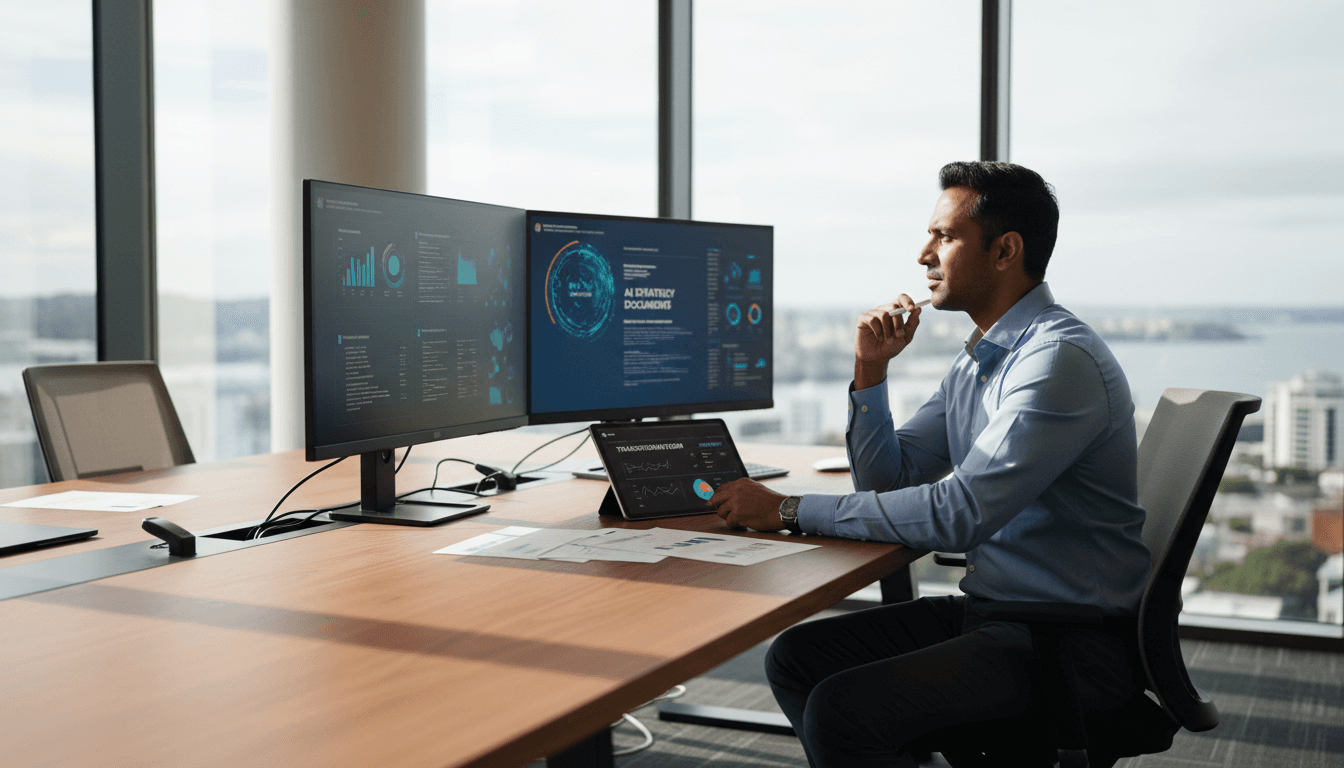 Male business leader reviewing AI transformation strategy at desk