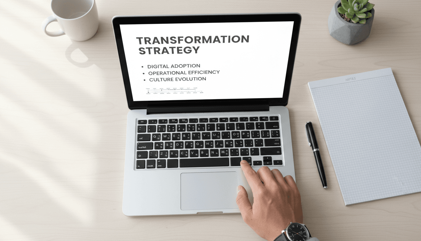 Laptop displaying transformation strategy with notebook on clean desk