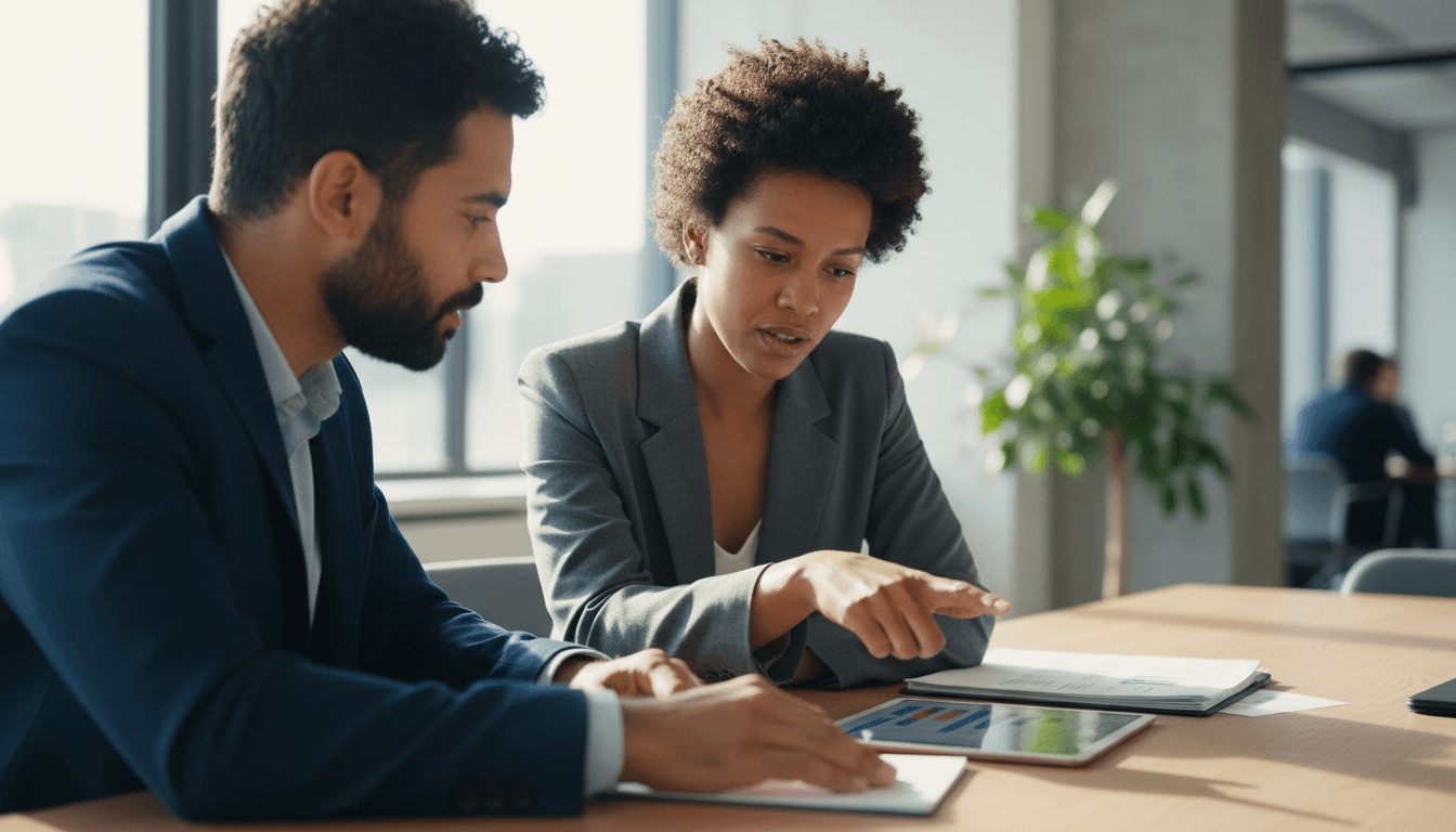 Two professionals engaged in strategic discussion across a table