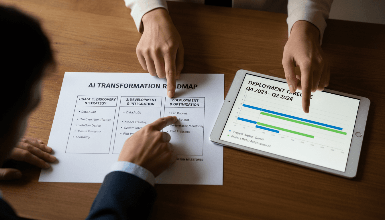 Hands collaborating on AI transformation roadmap and planning documents