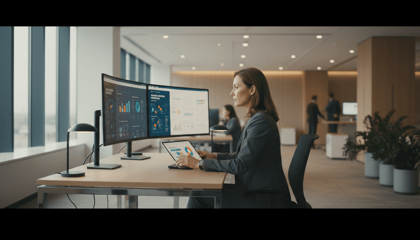 Business leader reviewing AI transformation strategy and digital dashboards at a modern desk